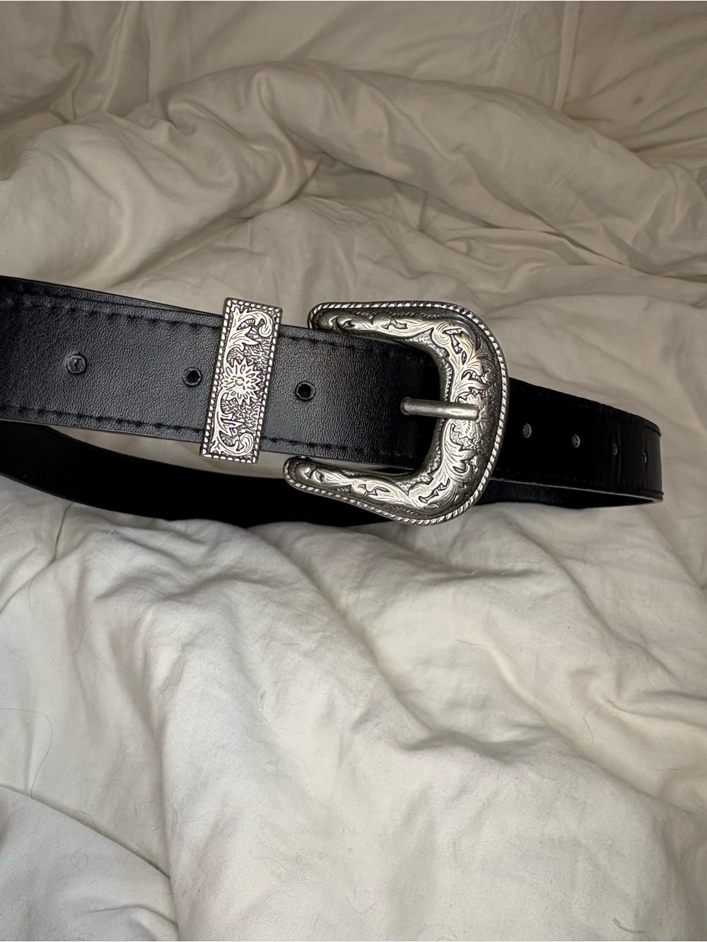Black Western Leather Belt with Silver Buckle